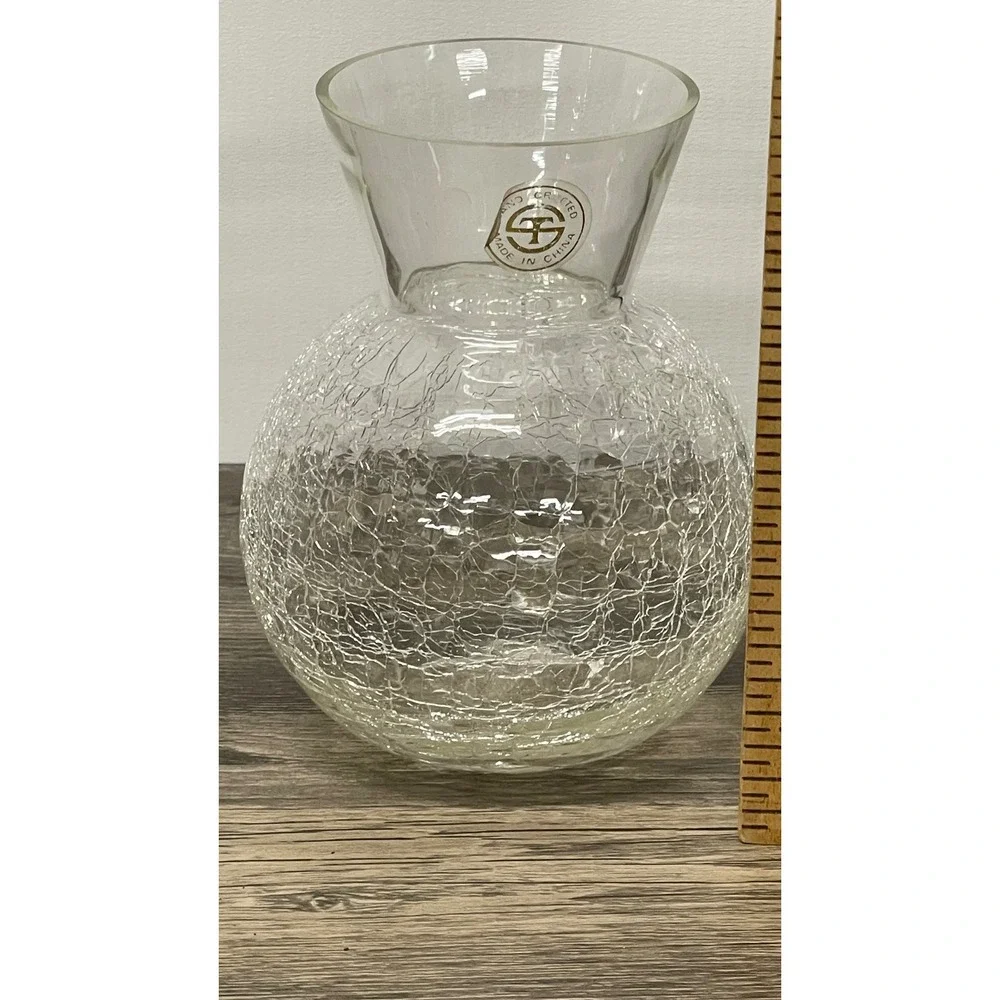 Hand Crafted Clear Crackle Art Glass Vase Round‎ Bulbous Flared Rim 4.5